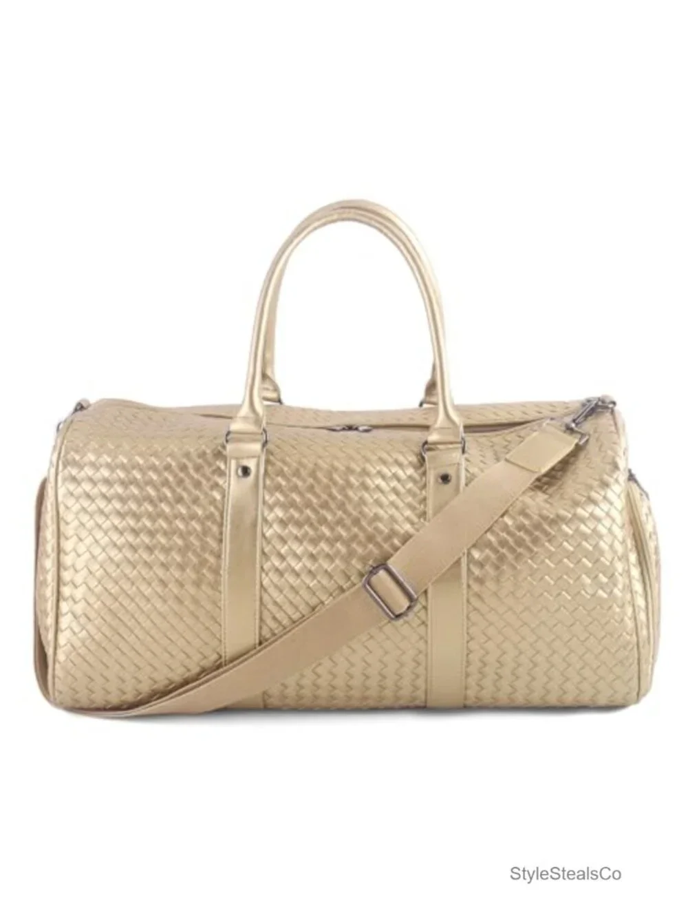 Woven Leather Travel Duffle Bag with Shoe Compartment, Carry On Gym Tote